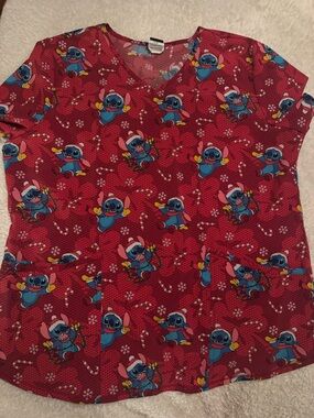 Red Stitch Print Top with Blue Cartoon Character